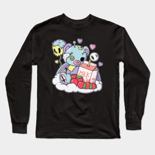 Strawberry Milk Teddy Bear Pastel Goth Kawaii Creepy Cute Skull Long Sleeve T-Shirt